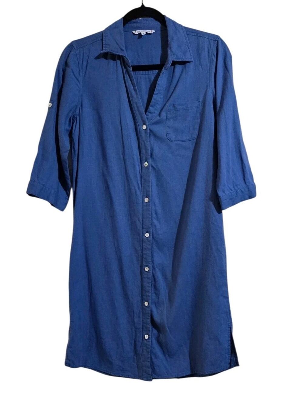 Esprit De LaMer Dress Women Small Linen Blue Button Pocket Summer Coastal Beachy